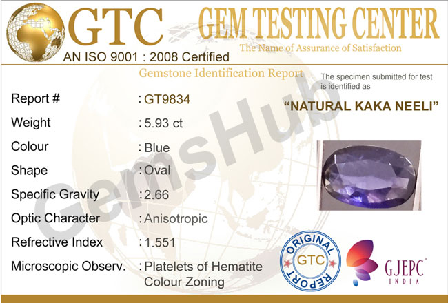 Natural Kaka Neeli Stone 5.93 ct
